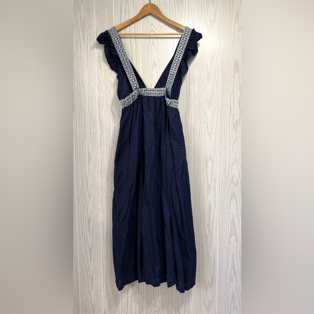 J.Crew Ruffle Deep V Neck Navy Linen Blend Maxi Dress Size Small - Picture 4 of 7